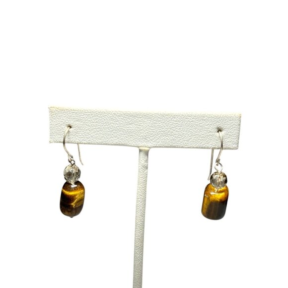 Tiger Eye Dangle Earrings with Faceted Crystal Beads Handmade Jewelry - Picture 6 of 9